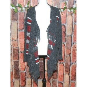 St. John's Bay Ladies L Gray Red Striped Open Front Cardigan Sweater Fringe Cozy